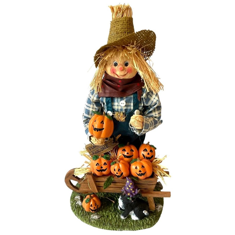 VTG Halloween Fabric Mache Scarecrow Statue w/ pumpkins & black cat 13.5” Figure
